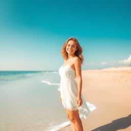 A beautiful young woman standing confidently on a serene beach, basking in the warm sun