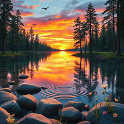 A tranquil forest scene featuring a serene lake surrounded by tall pine trees