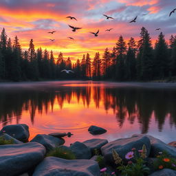 A tranquil forest scene featuring a serene lake surrounded by tall pine trees