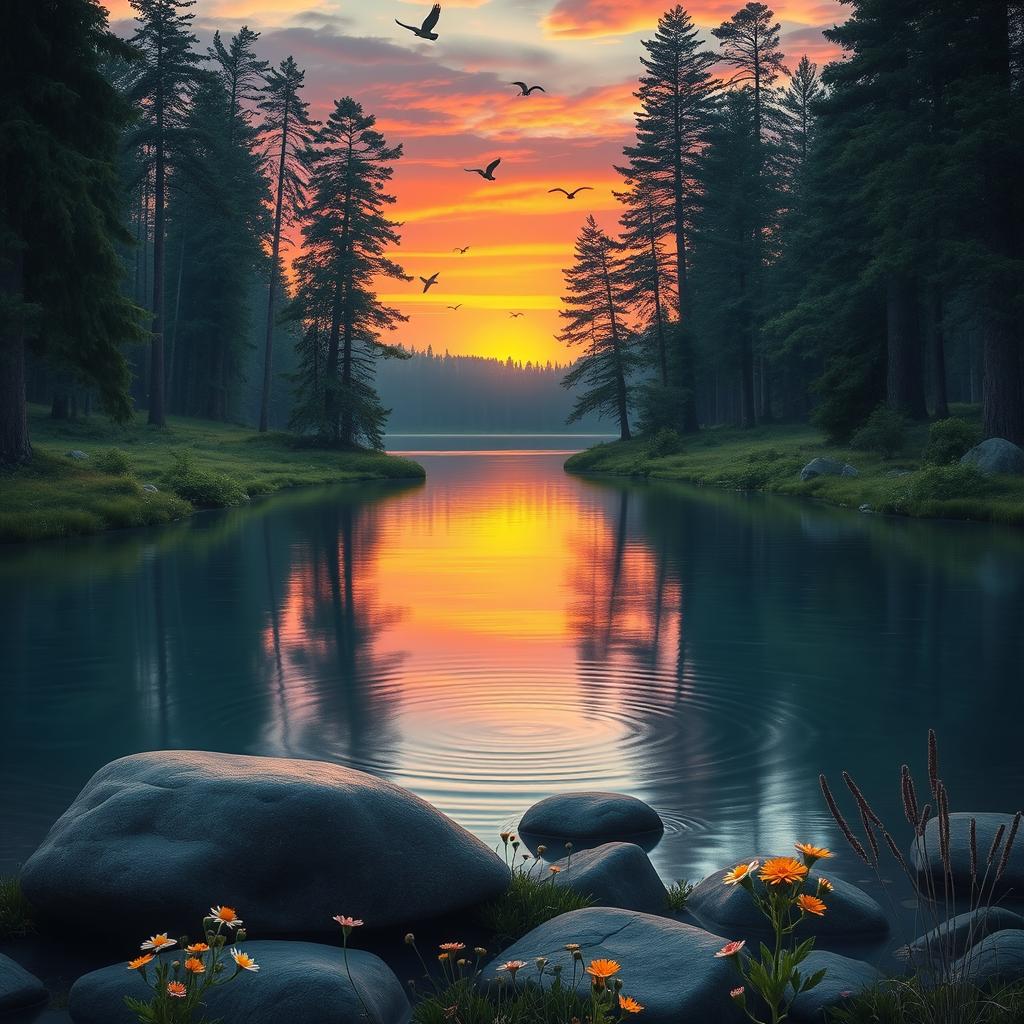 A tranquil forest scene featuring a serene lake surrounded by tall pine trees