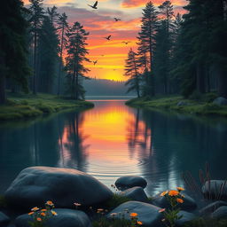 A tranquil forest scene featuring a serene lake surrounded by tall pine trees