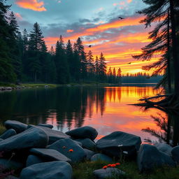 A tranquil forest scene featuring a serene lake surrounded by tall pine trees