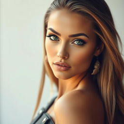 A portrait of a stunning female model with a sharp jawline and captivating features