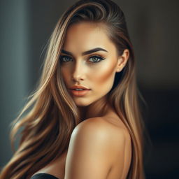A portrait of a stunning female model with a sharp jawline and captivating features