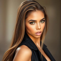 A portrait of a stunning female model with a sharp jawline and captivating features