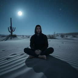A solitary man wearing a black hoodie, sitting cross-legged in the vast desert, bathed in the gentle glow of moonlight