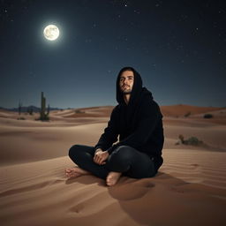 A solitary man wearing a black hoodie, sitting cross-legged in the vast desert, bathed in the gentle glow of moonlight