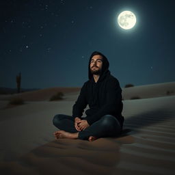 A solitary man wearing a black hoodie, sitting cross-legged in the vast desert, bathed in the gentle glow of moonlight
