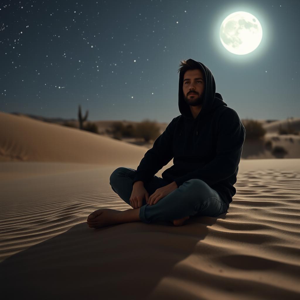 A solitary man wearing a black hoodie, sitting cross-legged in the vast desert, bathed in the gentle glow of moonlight