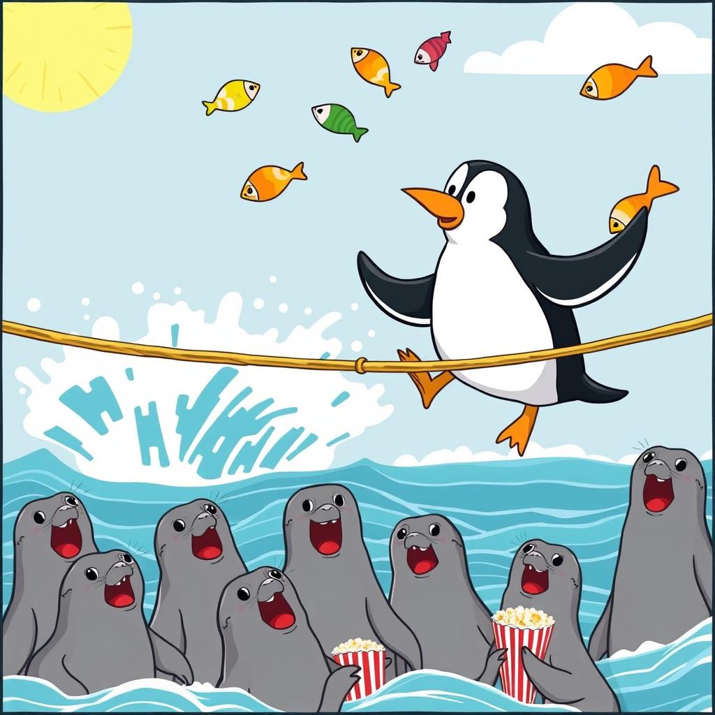 A humorous cartoon scene featuring a clumsy penguin trying to balance on a tightrope while juggling colorful fish