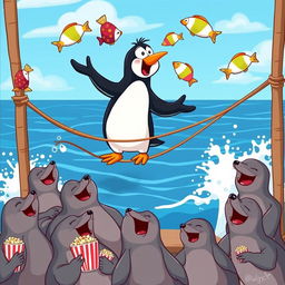 A humorous cartoon scene featuring a clumsy penguin trying to balance on a tightrope while juggling colorful fish