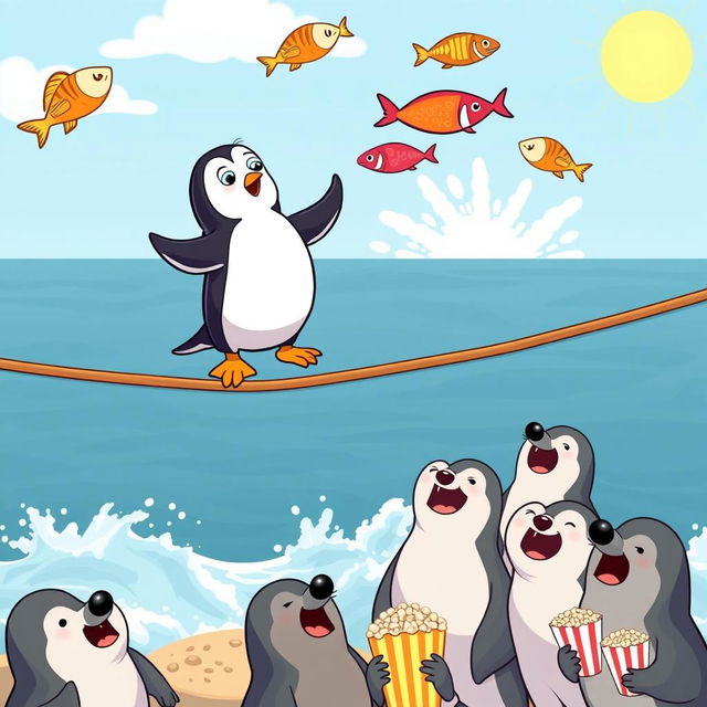 A humorous cartoon scene featuring a clumsy penguin trying to balance on a tightrope while juggling colorful fish