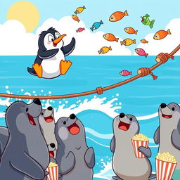 A humorous cartoon scene featuring a clumsy penguin trying to balance on a tightrope while juggling colorful fish