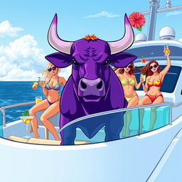 A vibrant purple bull in a celebratory mood on a luxurious yacht, surrounded by elegantly dressed sexy girls in stylish swimwear