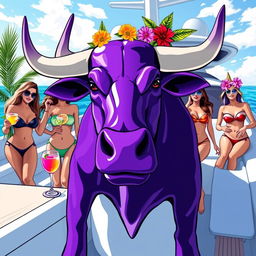 A vibrant purple bull in a celebratory mood on a luxurious yacht, surrounded by elegantly dressed sexy girls in stylish swimwear