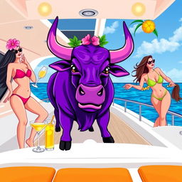 A vibrant purple bull in a celebratory mood on a luxurious yacht, surrounded by elegantly dressed sexy girls in stylish swimwear
