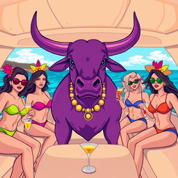 A vibrant purple bull in a celebratory mood on a luxurious yacht, surrounded by elegantly dressed sexy girls in stylish swimwear