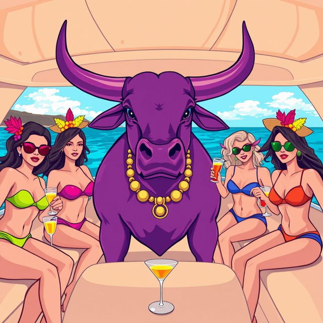 A vibrant purple bull in a celebratory mood on a luxurious yacht, surrounded by elegantly dressed sexy girls in stylish swimwear