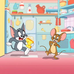 A humorous scene featuring Tom and Jerry in a classic cartoon style, where Tom is comically chasing Jerry through a colorful kitchen filled with whimsical kitchenware