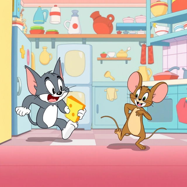 A humorous scene featuring Tom and Jerry in a classic cartoon style, where Tom is comically chasing Jerry through a colorful kitchen filled with whimsical kitchenware