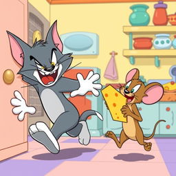 A humorous scene featuring Tom and Jerry in a classic cartoon style, where Tom is comically chasing Jerry through a colorful kitchen filled with whimsical kitchenware