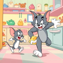 A humorous scene featuring Tom and Jerry in a classic cartoon style, where Tom is comically chasing Jerry through a colorful kitchen filled with whimsical kitchenware