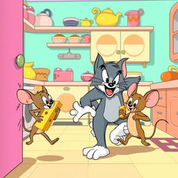 A humorous scene featuring Tom and Jerry in a classic cartoon style, where Tom is comically chasing Jerry through a colorful kitchen filled with whimsical kitchenware