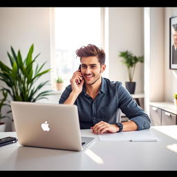 A handsome young man sitting at a modern office desk with a sleek MacBook open in front of him