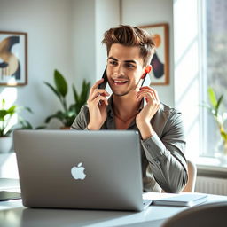 A handsome young man sitting at a modern office desk with a sleek MacBook open in front of him