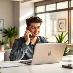 A handsome young man sitting at a modern office desk with a sleek MacBook open in front of him