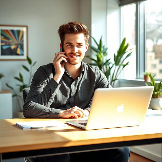 A handsome young man sitting at a modern office desk with a sleek MacBook open in front of him