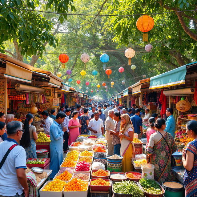 A vibrant outdoor market bazaar filled with colorful stalls showcasing a variety of goods including fresh fruits, spices, textiles, and handmade crafts