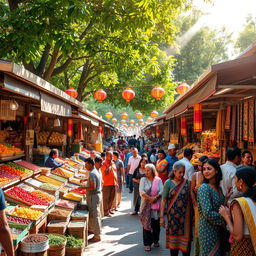 A vibrant outdoor market bazaar filled with colorful stalls showcasing a variety of goods including fresh fruits, spices, textiles, and handmade crafts