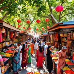 A vibrant outdoor market bazaar filled with colorful stalls showcasing a variety of goods including fresh fruits, spices, textiles, and handmade crafts