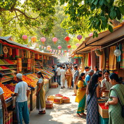 A vibrant outdoor market bazaar filled with colorful stalls showcasing a variety of goods including fresh fruits, spices, textiles, and handmade crafts