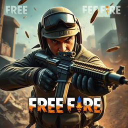 A dramatic and action-packed headshot scene from the game Free Fire, featuring a character in tactical attire, holding a weapon with intense focus