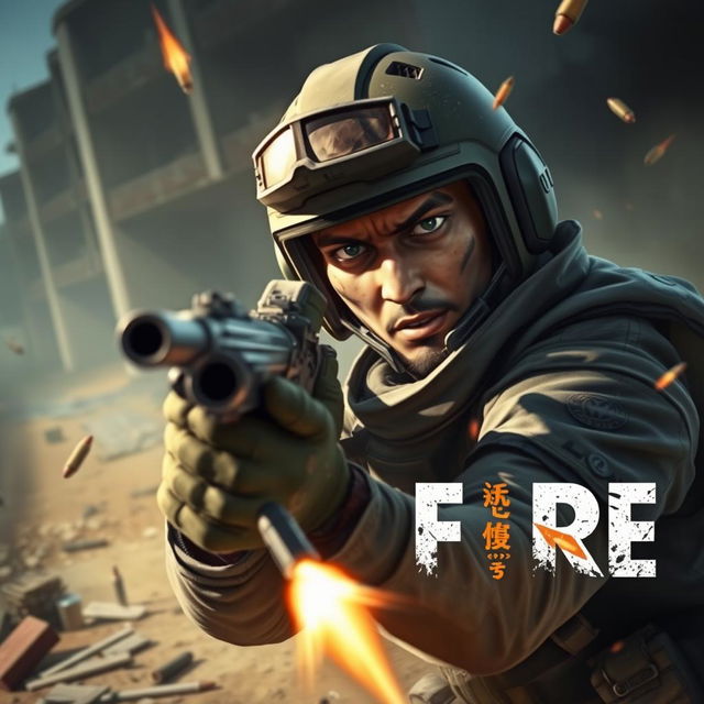 A dramatic and action-packed headshot scene from the game Free Fire, featuring a character in tactical attire, holding a weapon with intense focus