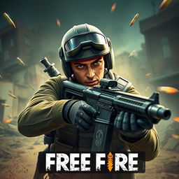 A dramatic and action-packed headshot scene from the game Free Fire, featuring a character in tactical attire, holding a weapon with intense focus