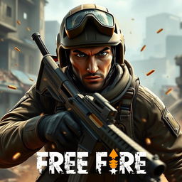 A dramatic and action-packed headshot scene from the game Free Fire, featuring a character in tactical attire, holding a weapon with intense focus