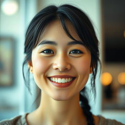 A portrait of a person with a warm smile, showcasing a sense of joy and friendliness