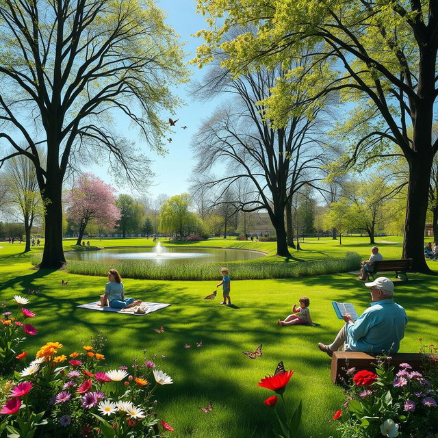 A serene park scene showcasing a lush green landscape filled with blooming flowers of various colors, tall deciduous trees casting gentle shadows, and a peaceful pond reflecting the clear blue sky