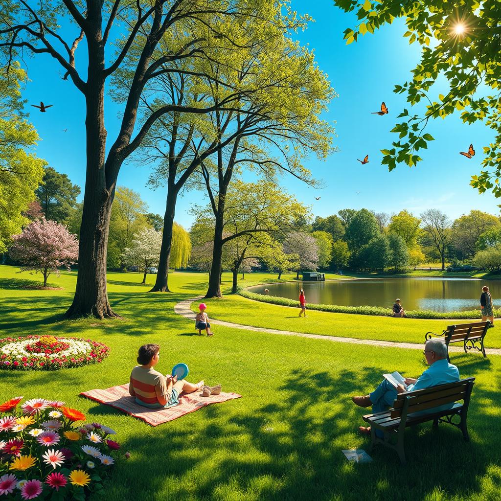 A serene park scene showcasing a lush green landscape filled with blooming flowers of various colors, tall deciduous trees casting gentle shadows, and a peaceful pond reflecting the clear blue sky