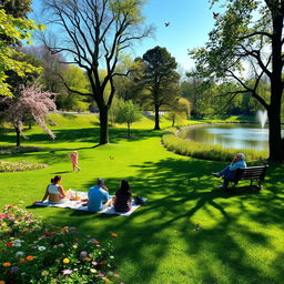 A serene park scene showcasing a lush green landscape filled with blooming flowers of various colors, tall deciduous trees casting gentle shadows, and a peaceful pond reflecting the clear blue sky