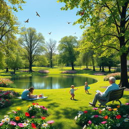 A serene park scene showcasing a lush green landscape filled with blooming flowers of various colors, tall deciduous trees casting gentle shadows, and a peaceful pond reflecting the clear blue sky
