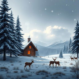 A serene and vibrant winter landscape featuring a small log cabin with smoke curling from the chimney, surrounded by snow-covered pine trees