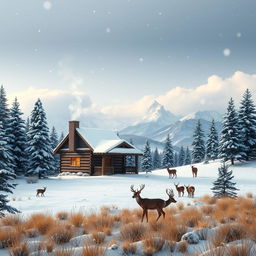 A serene and vibrant winter landscape featuring a small log cabin with smoke curling from the chimney, surrounded by snow-covered pine trees