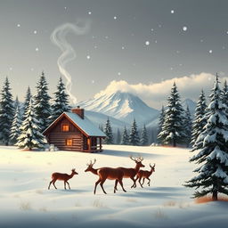 A serene and vibrant winter landscape featuring a small log cabin with smoke curling from the chimney, surrounded by snow-covered pine trees