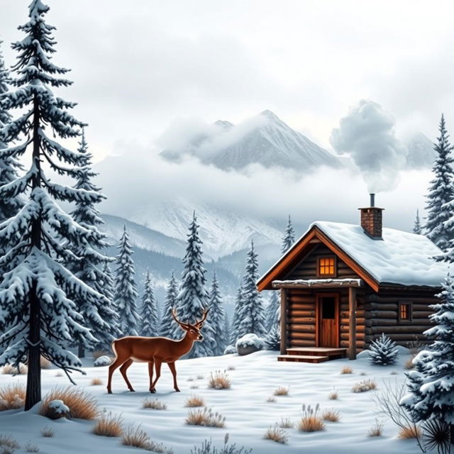 A serene and vibrant winter landscape featuring a small log cabin with smoke curling from the chimney, surrounded by snow-covered pine trees