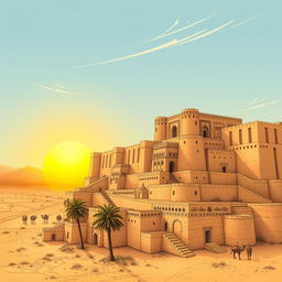 An intricate and detailed illustration of the Arg-e Bam, the ancient citadel of Bam in Iran, showcasing its vast walls, historic architecture, and surrounding desert landscape