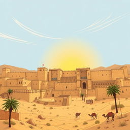 An intricate and detailed illustration of the Arg-e Bam, the ancient citadel of Bam in Iran, showcasing its vast walls, historic architecture, and surrounding desert landscape